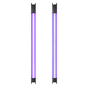 Two LED tubular lights with black ends, purple glow, on display