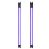 Two LED tubular lights with black ends, purple glow, on display