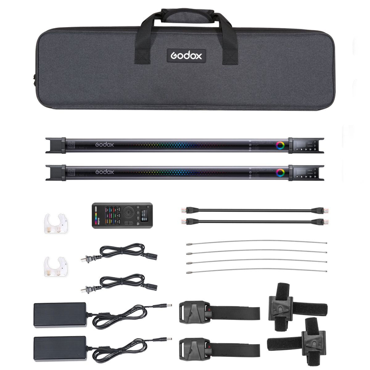 LED kit with black carrying case, two RGB light tubes, cables and accessories