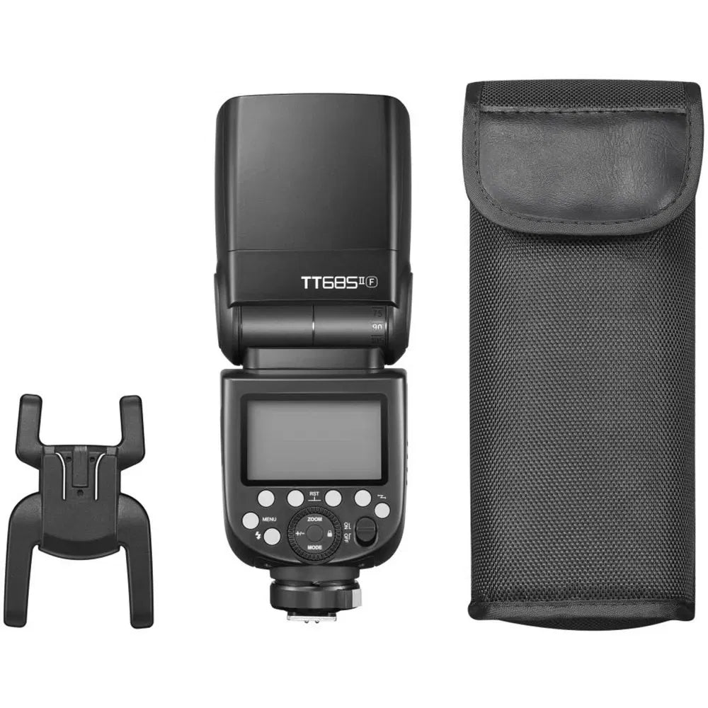 Black TTL flash with LCD, plus mesh diffuser cover and compact stand