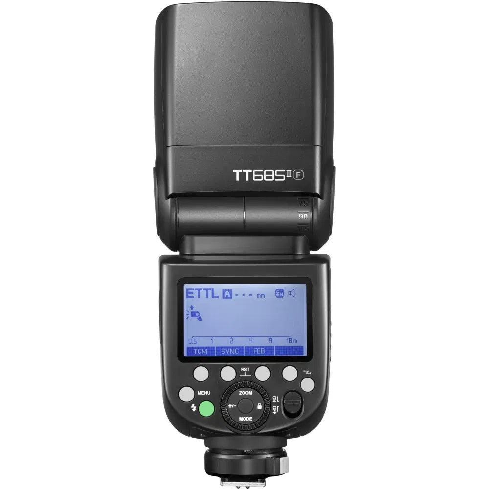 Black TTL camera flash with LCD screen showing ETTL mode and control buttons