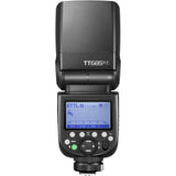 Black TTL camera flash with LCD screen showing ETTL mode and control buttons