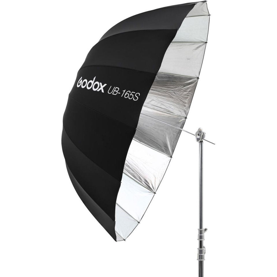 Umbrelă parabolică foto 165 cm, neagră cu interior argintiu, cu suport metalic