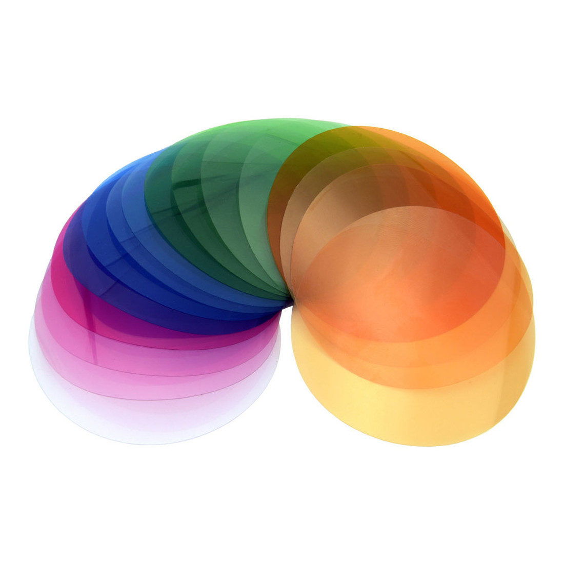 Stack of round gel filters in green, blue, orange, and pink tones for lighting