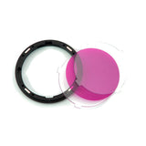 Magenta round gel filter with gray mounting ring and clear protective frame