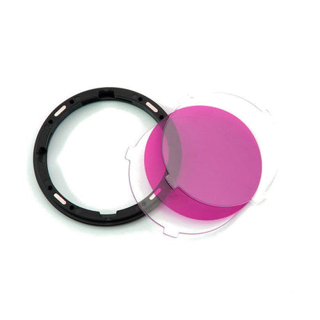 Magenta round gel filter with gray mounting ring and clear protective frame