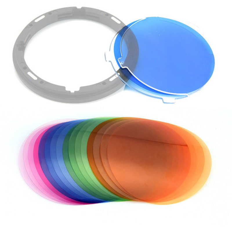 Blue round gel filter over gray mounting ring, with stacked multicolor gel discs