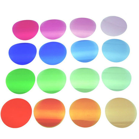 Grid of round colored gel filters: magenta, violet, blue, cyan, green, yellow, and red