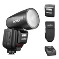 Godox V1Pro photo flash with round reflector head; includes storage pouch and battery