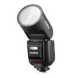 Round-head TTL flash with LCD screen and rear controls, black photo strobe for Sony