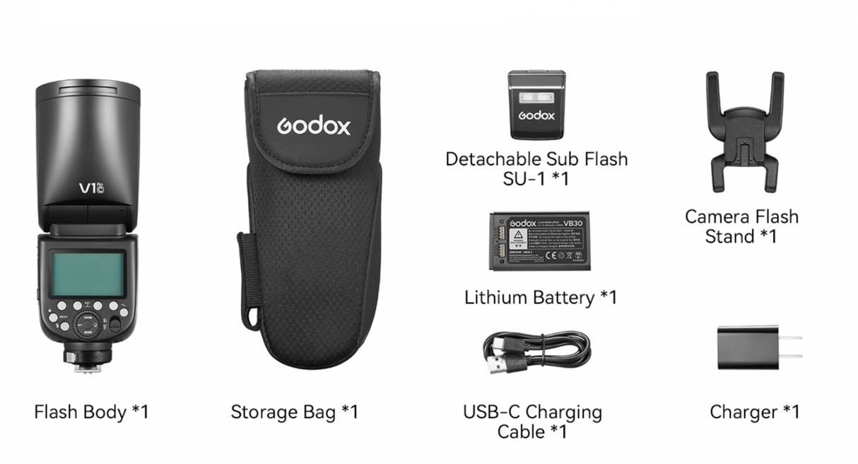 Flash accessories: storage bag, detached sub flash, lithium battery, USB-C cable, charger