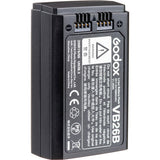 VB26B battery pack label side with charge warnings and contact terminals, black