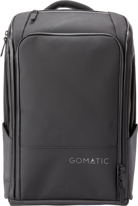 Dark gray backpack front view with vertical zippers and logo panel