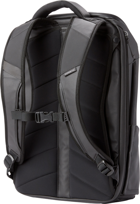 Dark gray backpack side view with padded shoulder straps and adjustable chest buckle