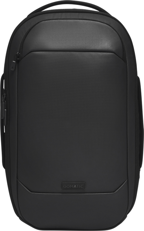 Gomatic Navigator RS Pack 15L backpack in black, front panel with curved pocket and logo patch