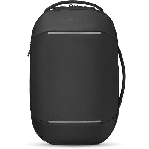 Black sling backpack front view with top zipper and horizontal utility pocket