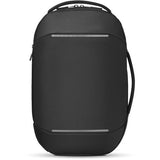 Black sling backpack front view with top zipper and horizontal utility pocket