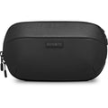 Black 1L sling bag with curved front panel, top zipper and logo patch