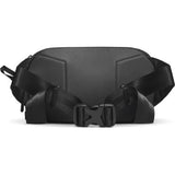 Black sling bag with dual side straps and front buckle detail