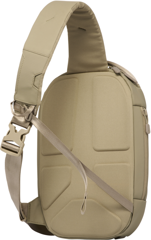 Sand beige sling bag with front crossbody strap and cushioned back panel