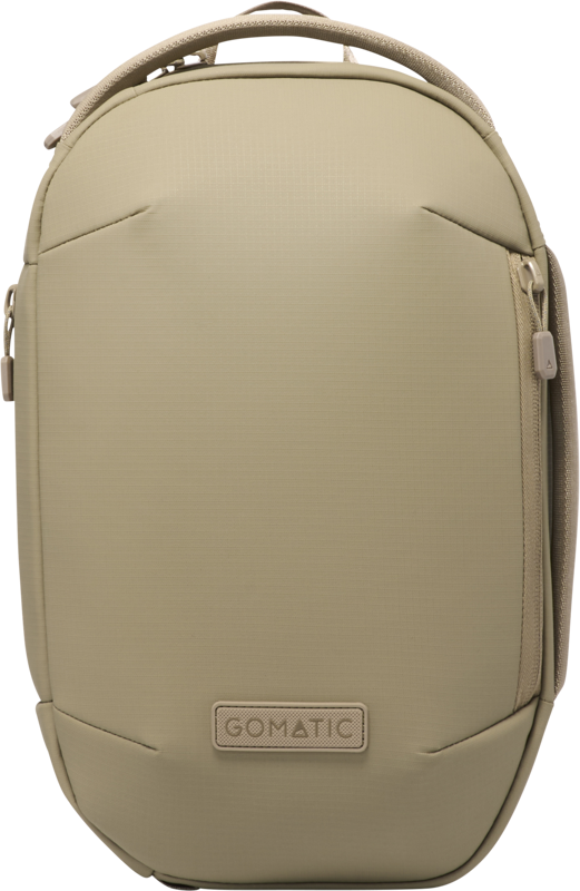 Sand beige 6L sling bag with zippered front pocket and molded panel design
