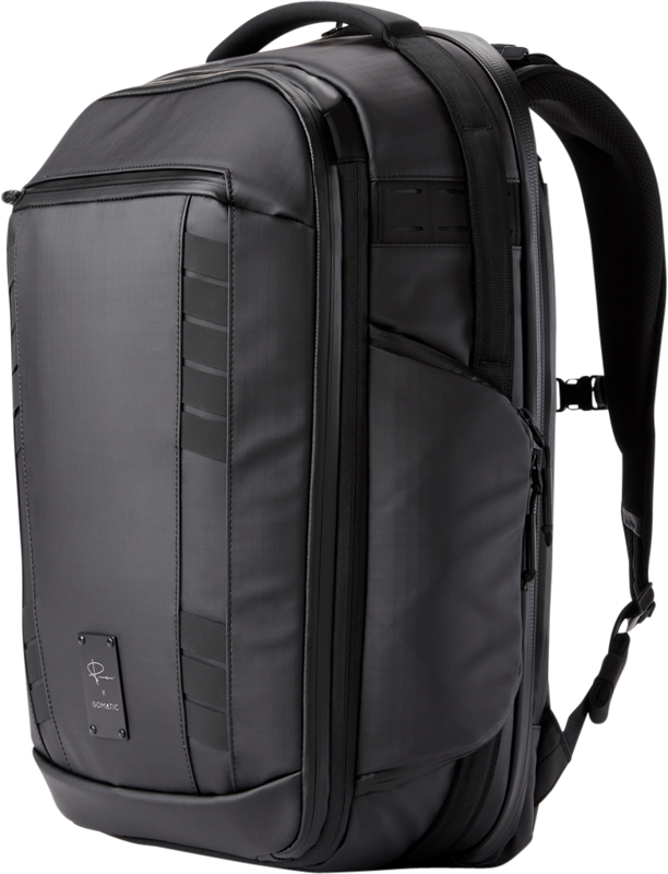 Black camera backpack side view with vertical padded panels and carry handle
