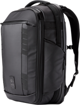 Black camera backpack side view with vertical padded panels and carry handle