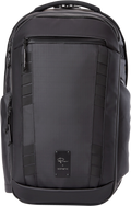 Black camera travel backpack with front zip pocket and logo plate