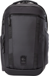 Black camera travel backpack with front zip pocket and logo plate