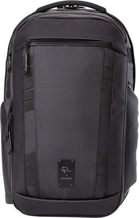 Black camera travel backpack with front zip pocket and logo plate