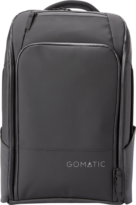 Black 20L travel backpack front view with top handle and vertical side pocket