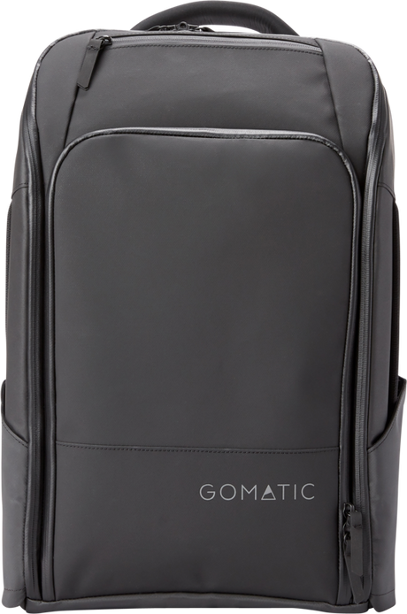 Black 20L travel backpack front view with top handle and vertical side pocket