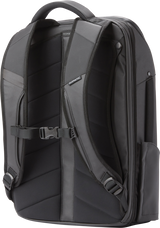 Black 20L travel backpack showing padded back panel, shoulder straps, and side handles