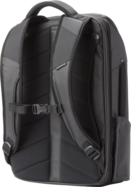 Black 20L travel backpack showing padded back panel, shoulder straps, and side handles