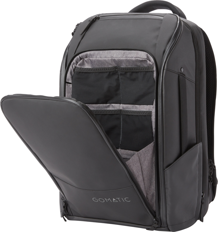 Black 20L travel backpack with partially open front pocket and organizer mesh
