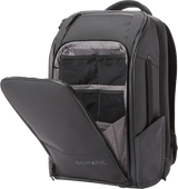 Black 20L travel backpack with partially open front pocket and organizer mesh