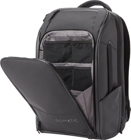 Black 20L travel backpack with partially open front pocket and organizer mesh
