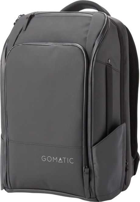 Black 20L travel backpack with front zip pocket and padded front panel