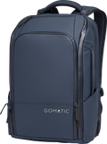 Navy travel backpack with padded front panel, zip pockets, and top carry handle