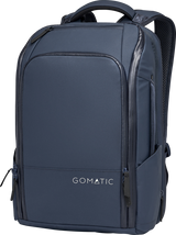 Navy travel backpack with padded front panel, zip pockets, and top carry handle