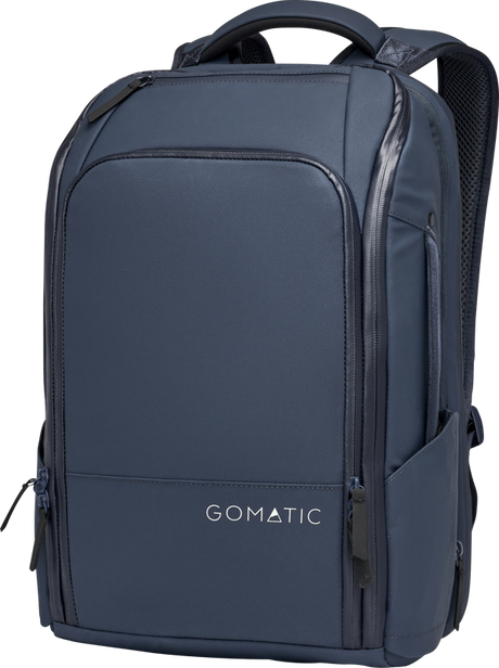Navy travel backpack with padded front panel, zip pockets, and top carry handle