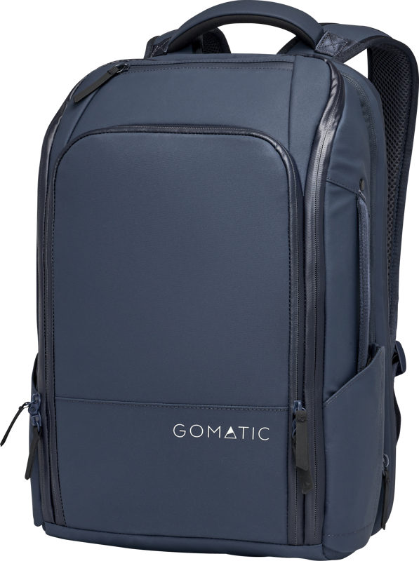 Navy travel backpack with padded front panel, zip pockets, and top carry handle