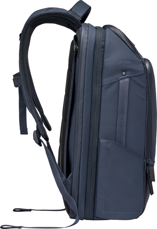 Navy travel backpack side profile with top handle, front strap, and zip pocket