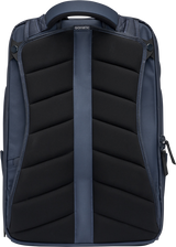 Navy travel backpack back panel with padded shoulder straps and vertical storage section
