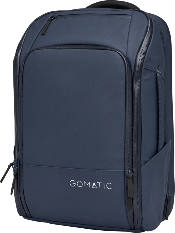 Navy travel backpack front view with zip closure, structured panels, and side pocket