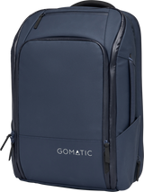 Navy travel backpack front view with zip closure, structured panels, and side pocket