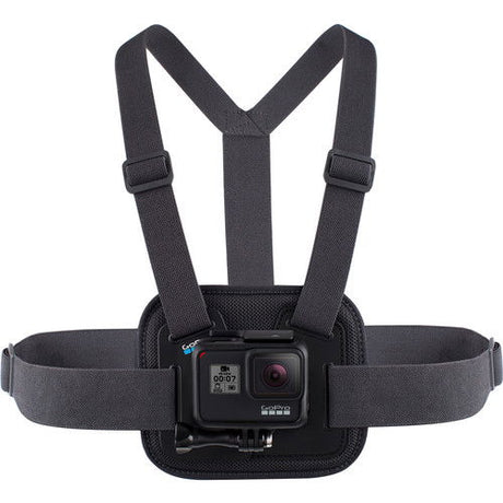 Black chest harness with camera mount and adjustable straps