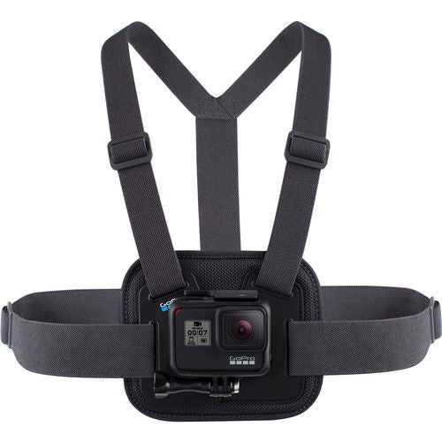 Black chest harness with camera mount and adjustable straps