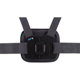 Front view of black chest harness pouch with camera mount and strap buckles