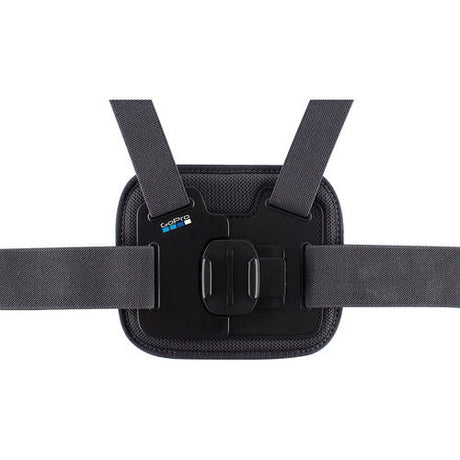 Front view of black chest harness pouch with camera mount and strap buckles
